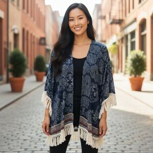 Boho Navy and White Patterned Kimono Cardigan